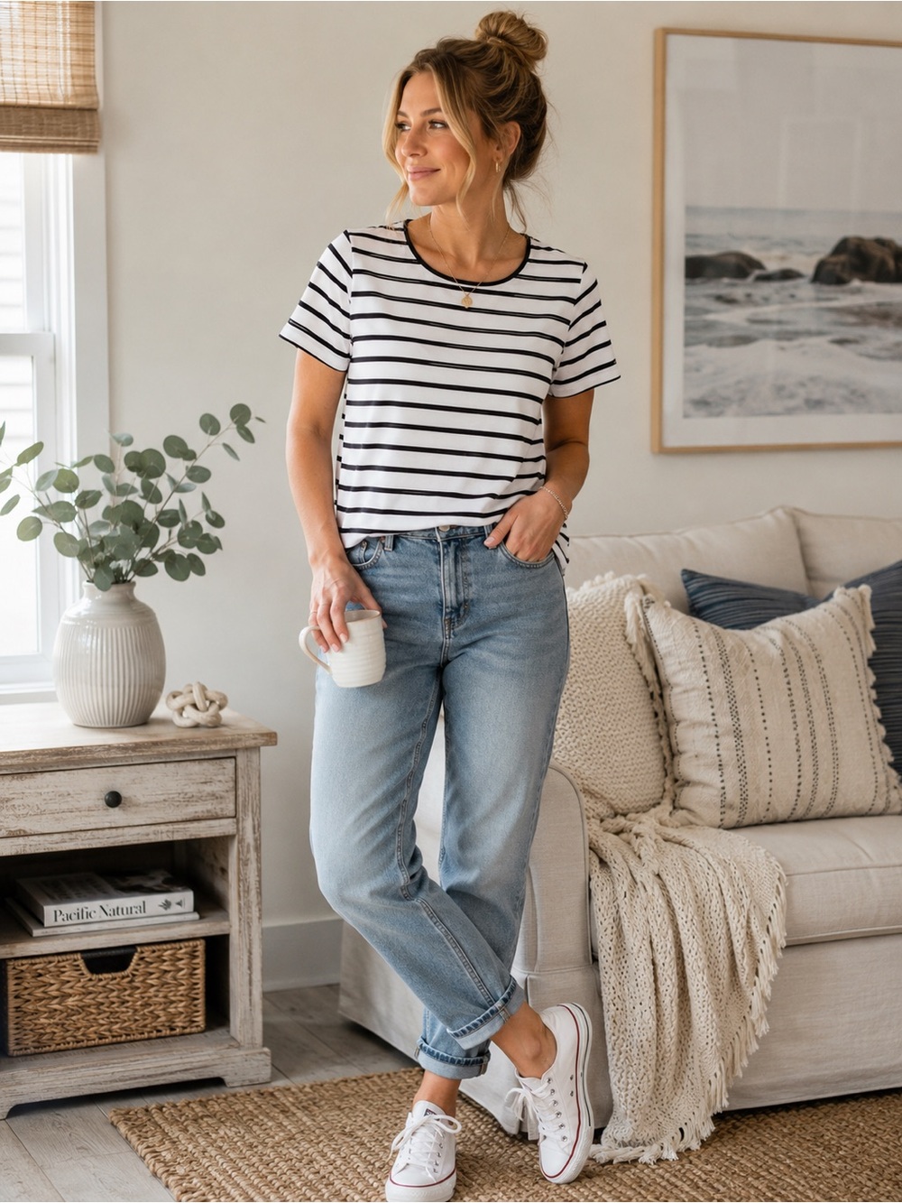 Coral Bay White & Black Striped Short Sleeve Top Size L | Classic Casual Tee